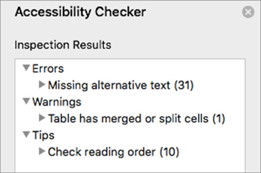 Accessibility Checker showing Inspection Results