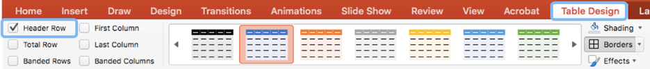 Table Design tab with Header Row selected