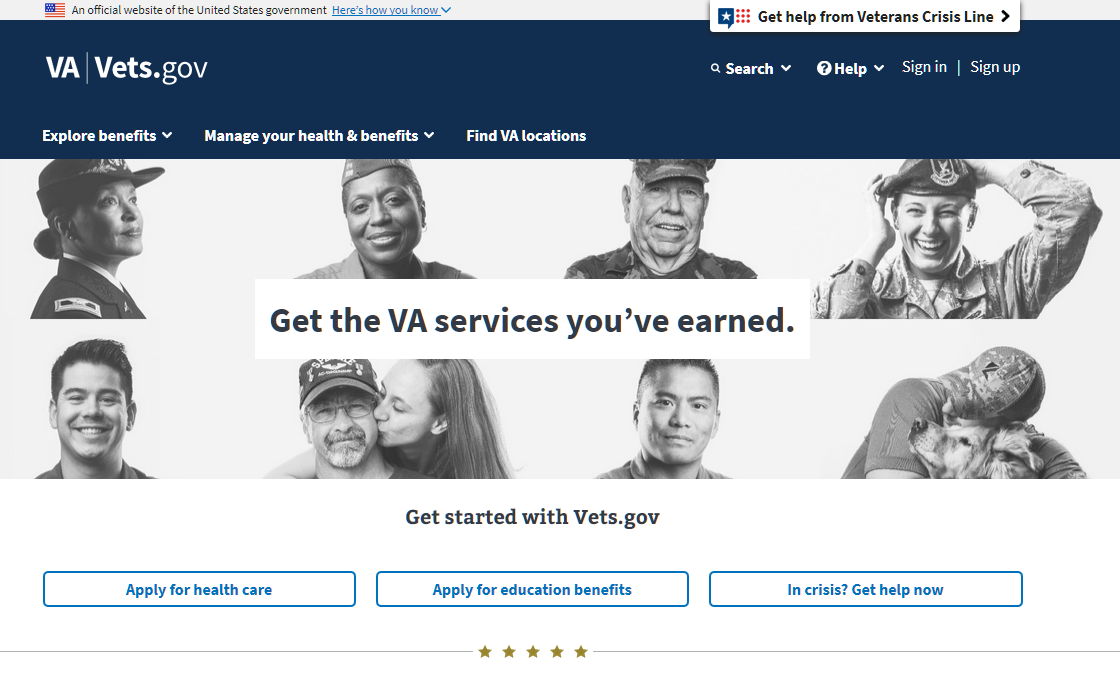 screenshot of the vets dot gov website homepage.
