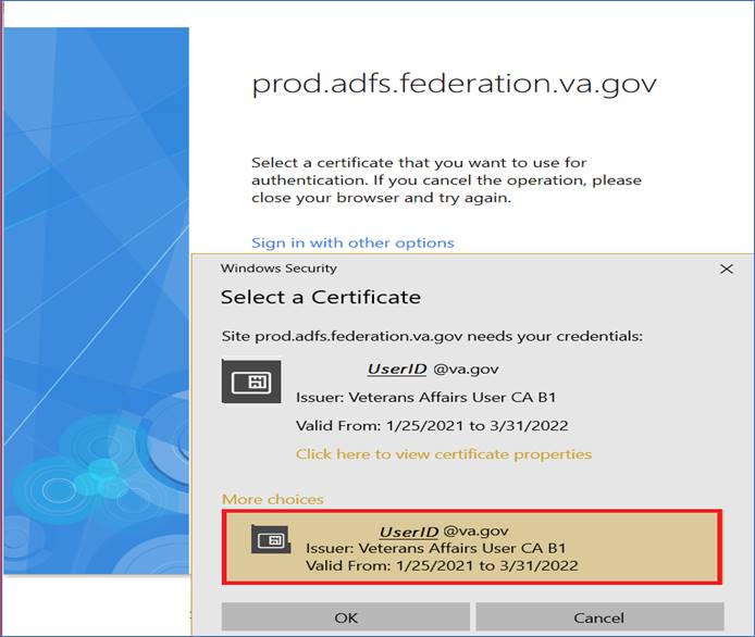 screenshot of the certificate selection interface